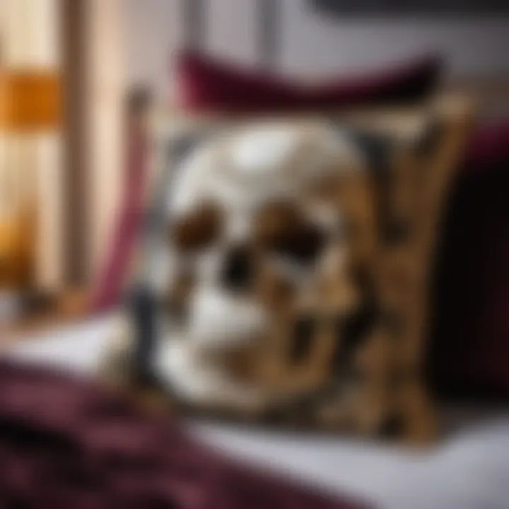 Skull-patterned throw pillow on a stylish bed