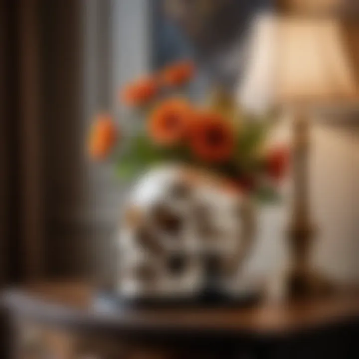 Skull-shaped vase with fresh flowers on a dresser
