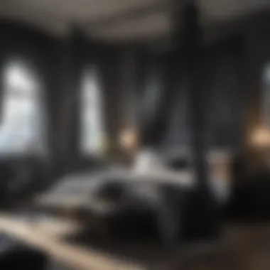 Black canopy bed with sheer curtains against city skyline