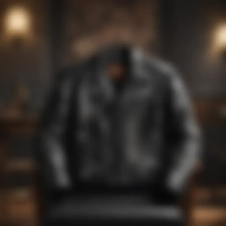 Elegant Harley Davidson Leather Jacket Accent Sleek black leather Harley Davidson motorcycle jacket draped over a chair