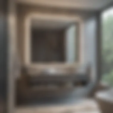 Sleek floating storage unit with mirrored finish in a modern bathroom