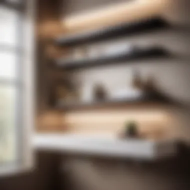 Modern Floating Shelves Sleek mid-century floating shelves in a modern bathroom setting