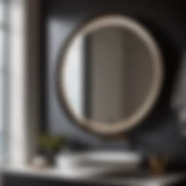 Close-up of sleek round black mirror in modern bathroom setting