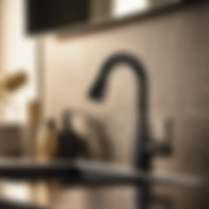 Close-up of sleek Moen black faucet and accessories