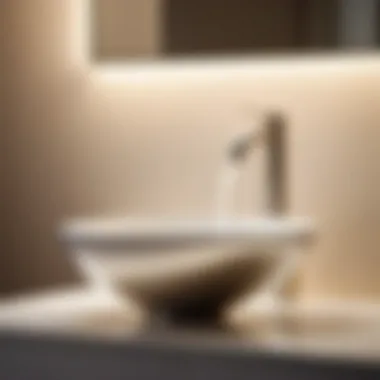 Close-up of satin nickel bathroom light illuminating modern sink