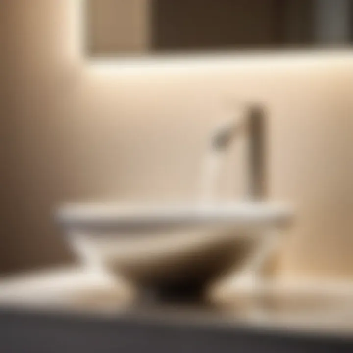 Close-up of satin nickel bathroom light illuminating modern sink