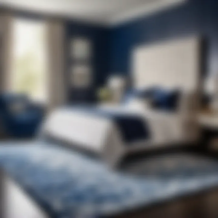 Luxurious blue and white rug adding depth and texture to the bedroom
