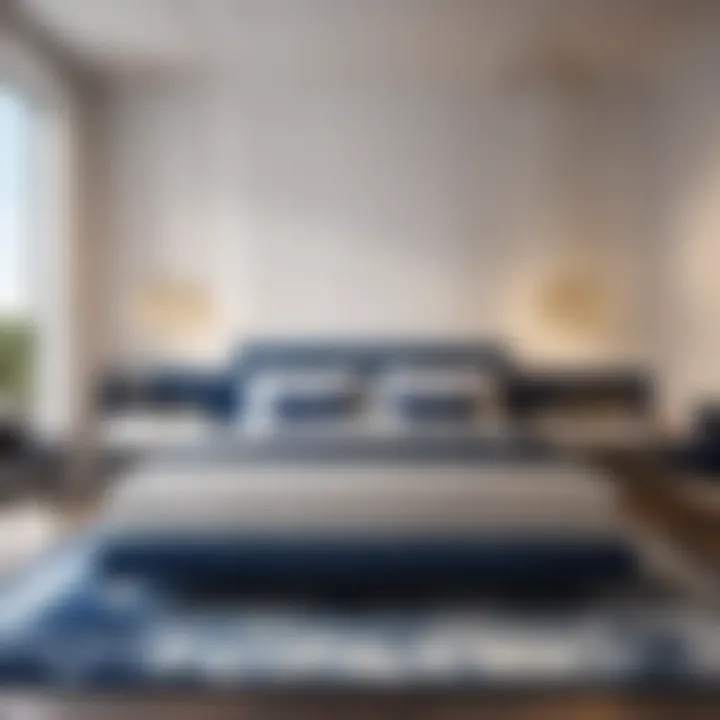 Modern blue and white rug enhancing the contemporary aesthetics of the bedroom