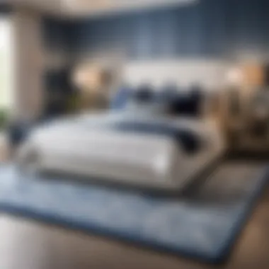 Chic blue and white rug creating a serene atmosphere in the bedroom