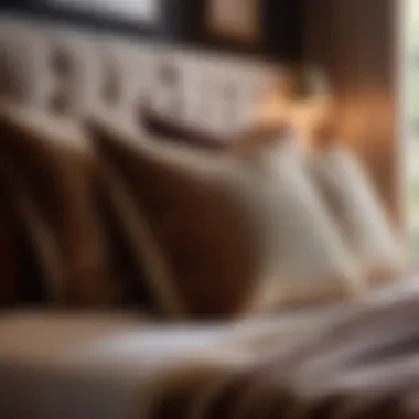 Luxurious brown bed with layered textured pillows