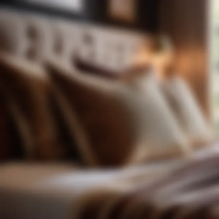 Luxurious brown bed with layered textured pillows