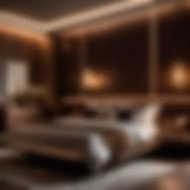 Chic brown bedroom with ambient lighting and wooden accents
