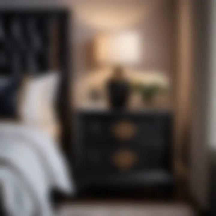 Stylish black nightstand with intricate detailing beside a bed