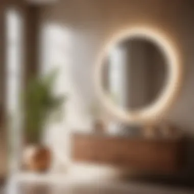 Luxurious Spa Ambiance Spa-like bathroom setting with a round frameless mirror adding luxury
