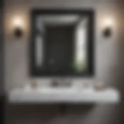 Elegant square bathroom mirror with a black frame reflecting a luxurious bathroom setting.
