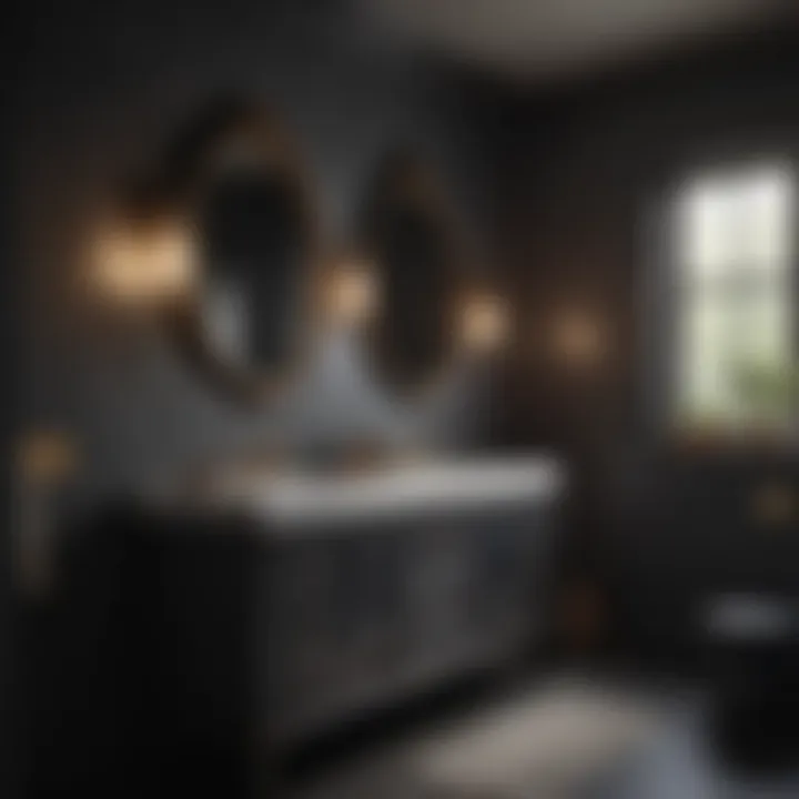 Bold Dark Tones with Strategic Lighting A bold, dark-colored bathroom with strategic light fixtures highlighting its features.