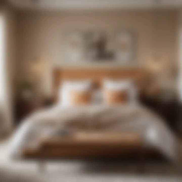 Stylish arrangement featuring a tan bench as a focal point in a cozy bedroom