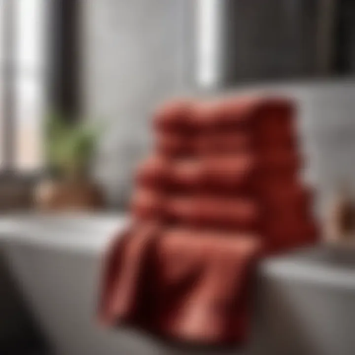 Stylish bathroom setting with a stack of neatly folded brick red bath towels