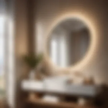 Stylish bathroom with wide mirror and natural light