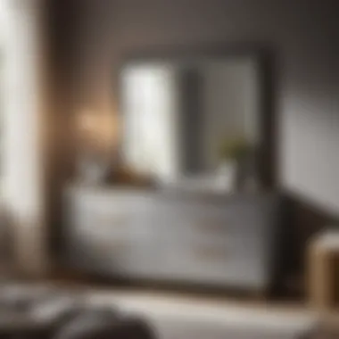 Stylish Simplicity: Grey Dresser and Mirror Ensemble Stylish Grey Dresser and Mirror Set in Minimalist Bedroom