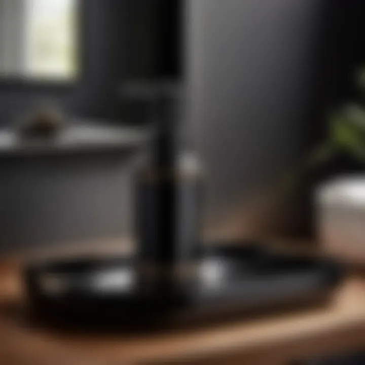 Stylish Moen black soap dispenser and tray on a countertop