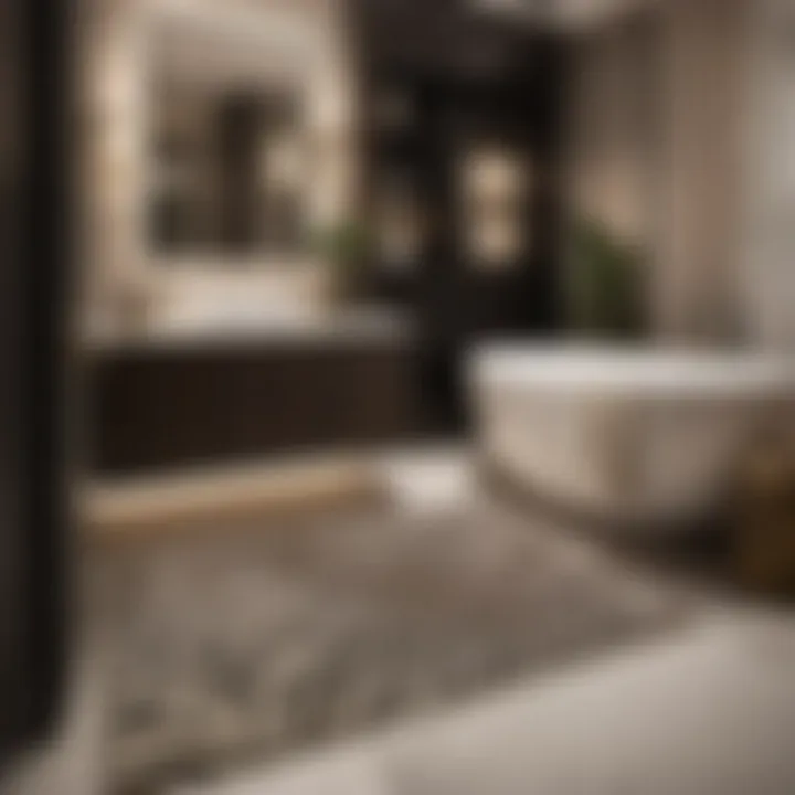 Sophisticated Bathroom Ensemble Stylish bathroom decor featuring zebra print rug and coordinating accessories