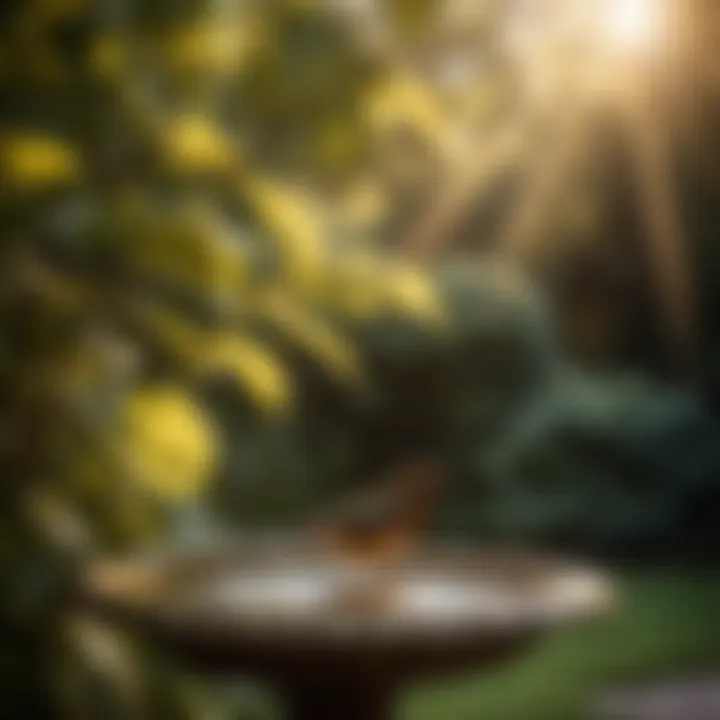 Sunlight filtering through leaves onto post-mounted bird bath