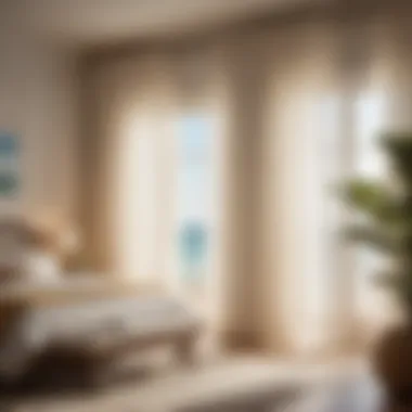 Natural Light Enhancement Sunlight streaming through sheer curtains in beach bedroom