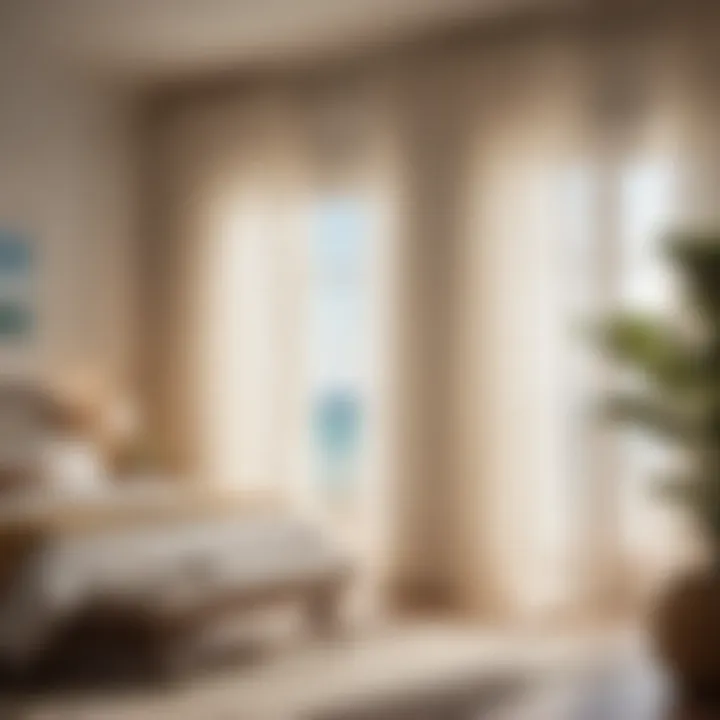 Natural Light Enhancement Sunlight streaming through sheer curtains in beach bedroom