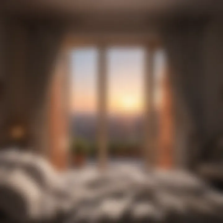 Bedroom window with open curtains during sunrise