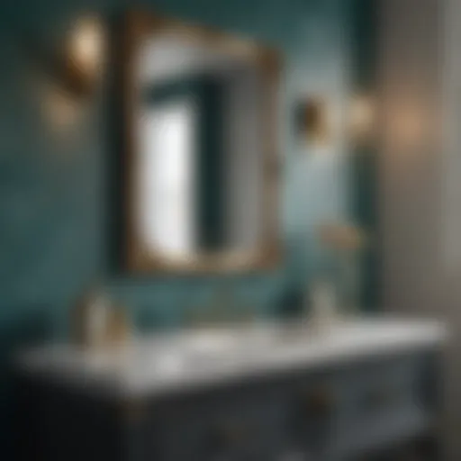 Elegant teal and gold bathroom accessories on a marble countertop