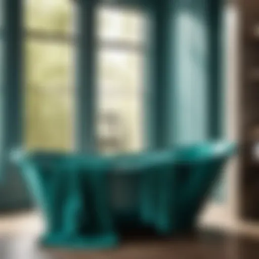 Luxurious Teal Blue Bath Towels Adorning a Stylish Bathtub Elegant teal blue bath towels draped over a luxury bathtub