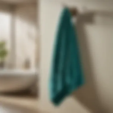 Graceful Display of Teal Blue Bath Towels on a Fashionable Hook Teal blue bath towels hanging gracefully on a stylish hook