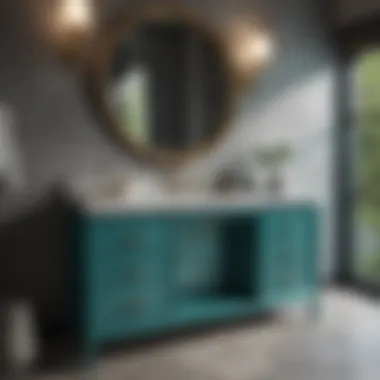 Sleek teal vanity with a marble top and minimalist design