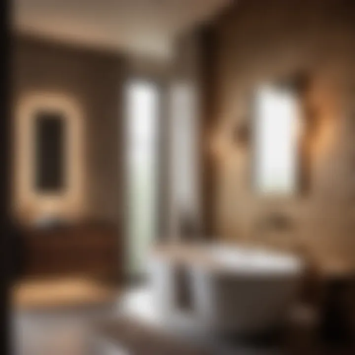Sleek wall sconces highlighting textured bathroom walls