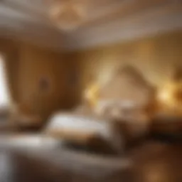 A serene golden bedroom showcasing elegant decor and soft lighting
