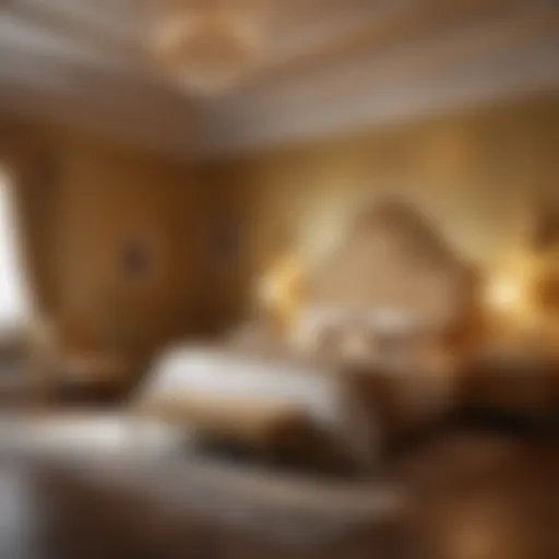 A serene golden bedroom showcasing elegant decor and soft lighting