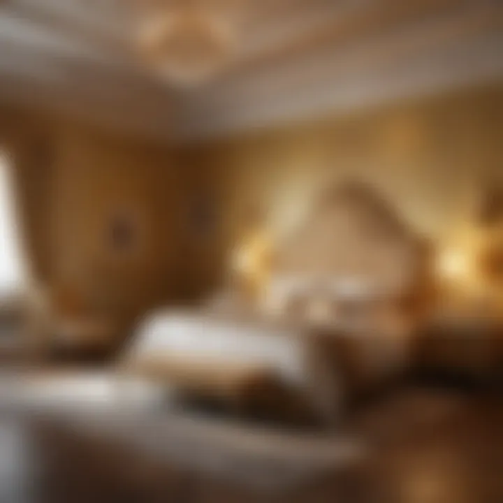 A serene golden bedroom showcasing elegant decor and soft lighting