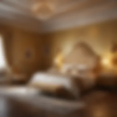 Elegant Serenity in Golden Bedroom Design A serene golden bedroom showcasing elegant decor and soft lighting
