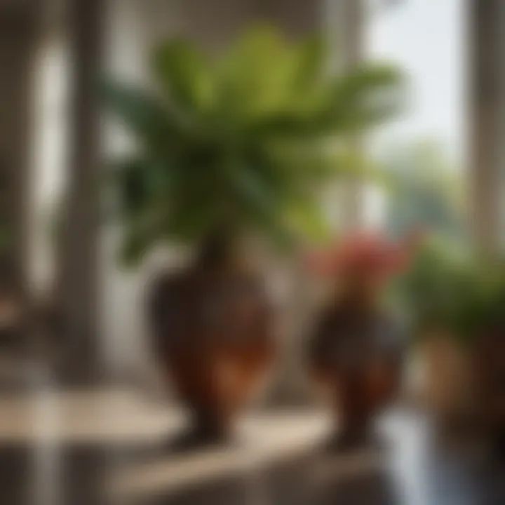 A close-up of unique large indoor plants in decorative pots