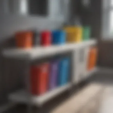 Color-coded plastic bins for easy bathroom organization