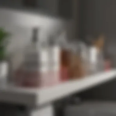 Stylish plastic storage bins on a bathroom shelf