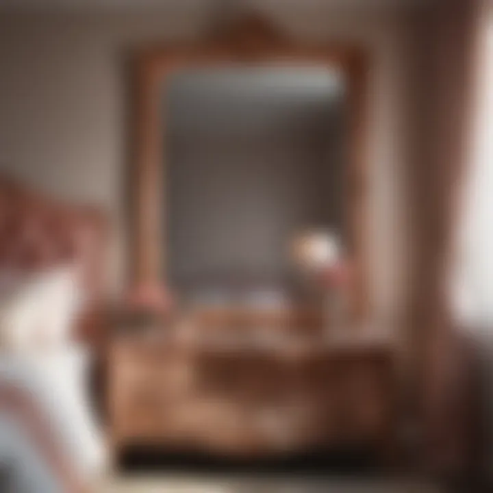 Rose gold accents in bedroom decor, including a mirror and lamp