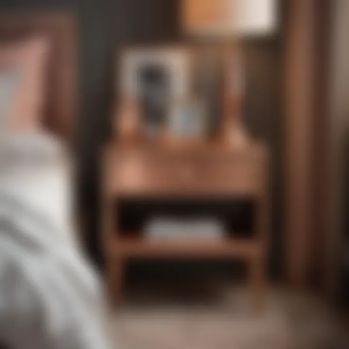 Stylish rose gold nightstand beside a plush bed