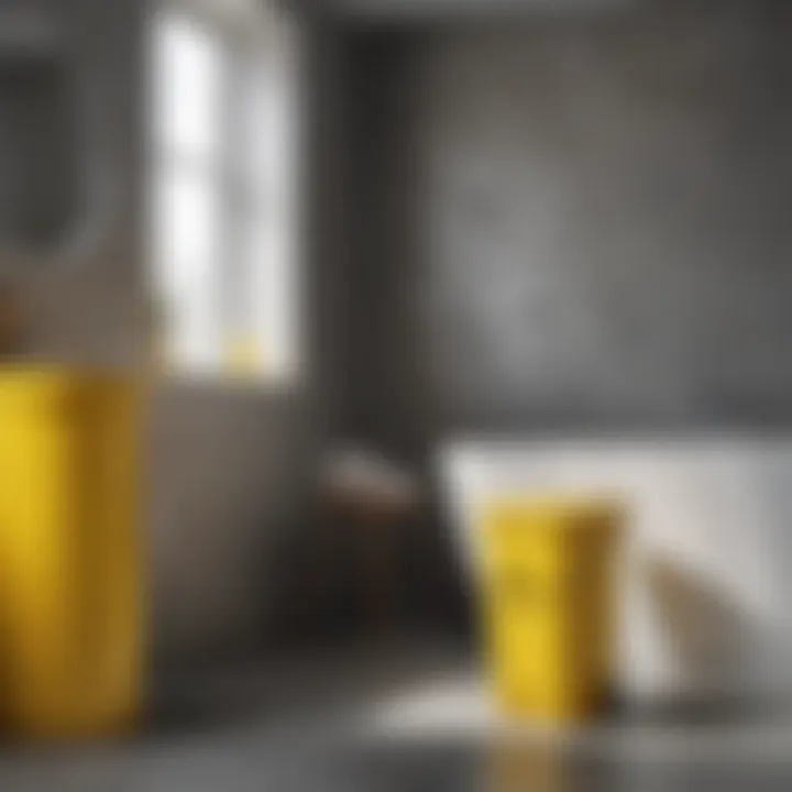 Yellow trash can integrated into a minimalist bathroom decor