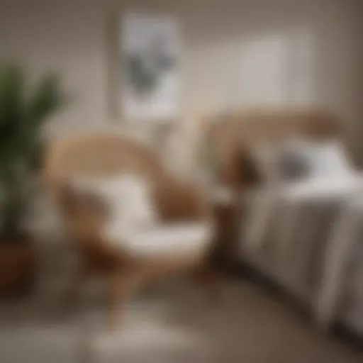 A stylish rattan chair elegantly placed in a well-decorated bedroom.