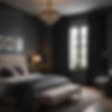 A cozy bedroom showcasing black curtains with complementary decor