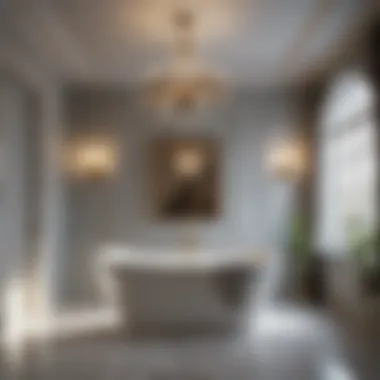 Elegant chandelier illuminating a luxurious bathtub
