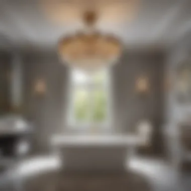 Stylish bathroom with vintage chandelier and modern tub