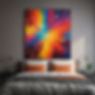 Colorful abstract art in a serene bedroom
